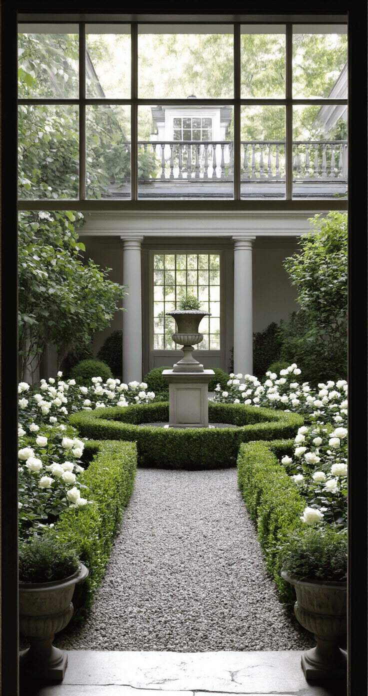 A formal courtyard viewed from a second-story window, featuring a geometric boxwood knot garden and an antique stone pedestal with a classical urn, surrounded by gravel paths and mass plantings of white roses and catmint, under soft morning light and cool mist.