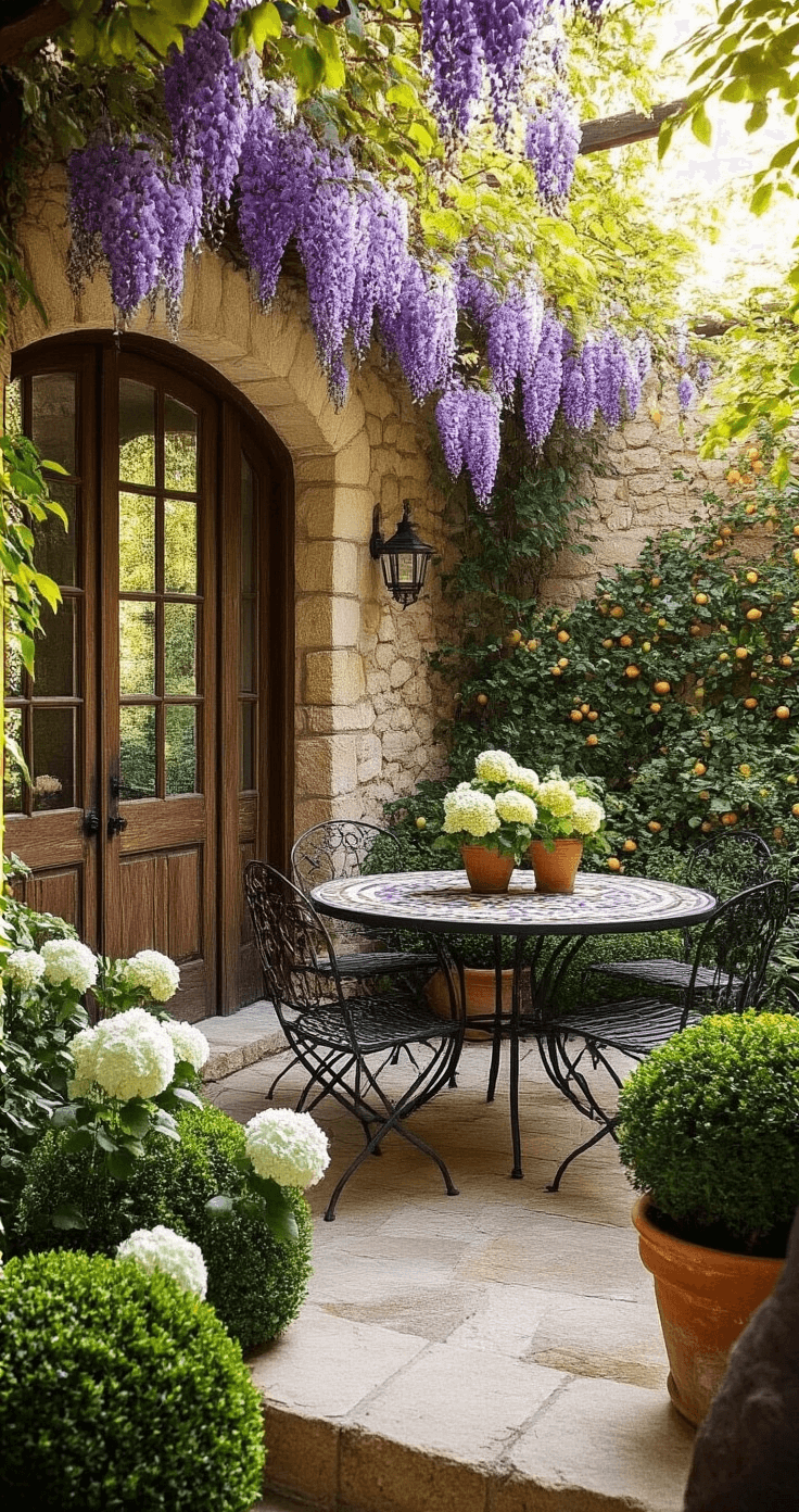 A rustic walled garden illuminated by late afternoon sunlight, featuring limestone walls draped in purple wisteria, vintage metal chairs around a mosaic table, and layered plantings of boxwood, white hydrangeas, and climbing jasmine, with terracotta pots of citrus trees in the corners.