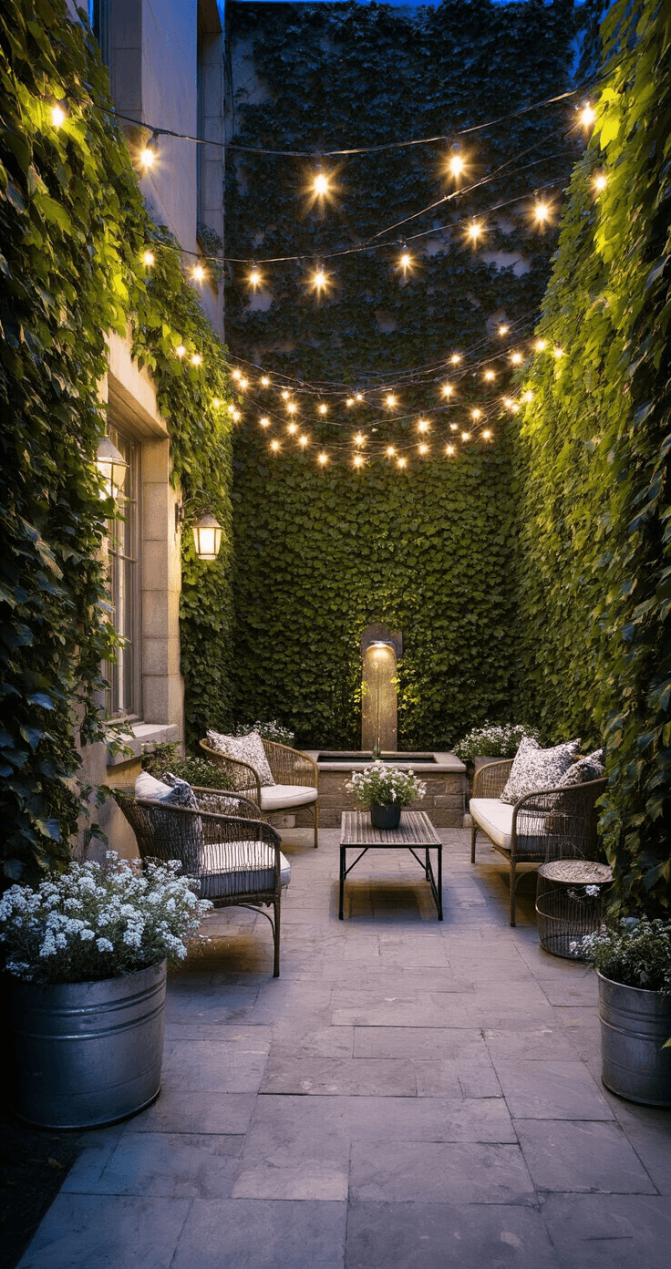 Moonlit urban courtyard with string lights overhead, ivy-covered walls, and zinc planters filled with white flowering tobacco and silver artemisia; weathered limestone pavers lead to a small fountain, surrounded by vintage metal and rattan seating, all illuminated in dramatic nighttime lighting.