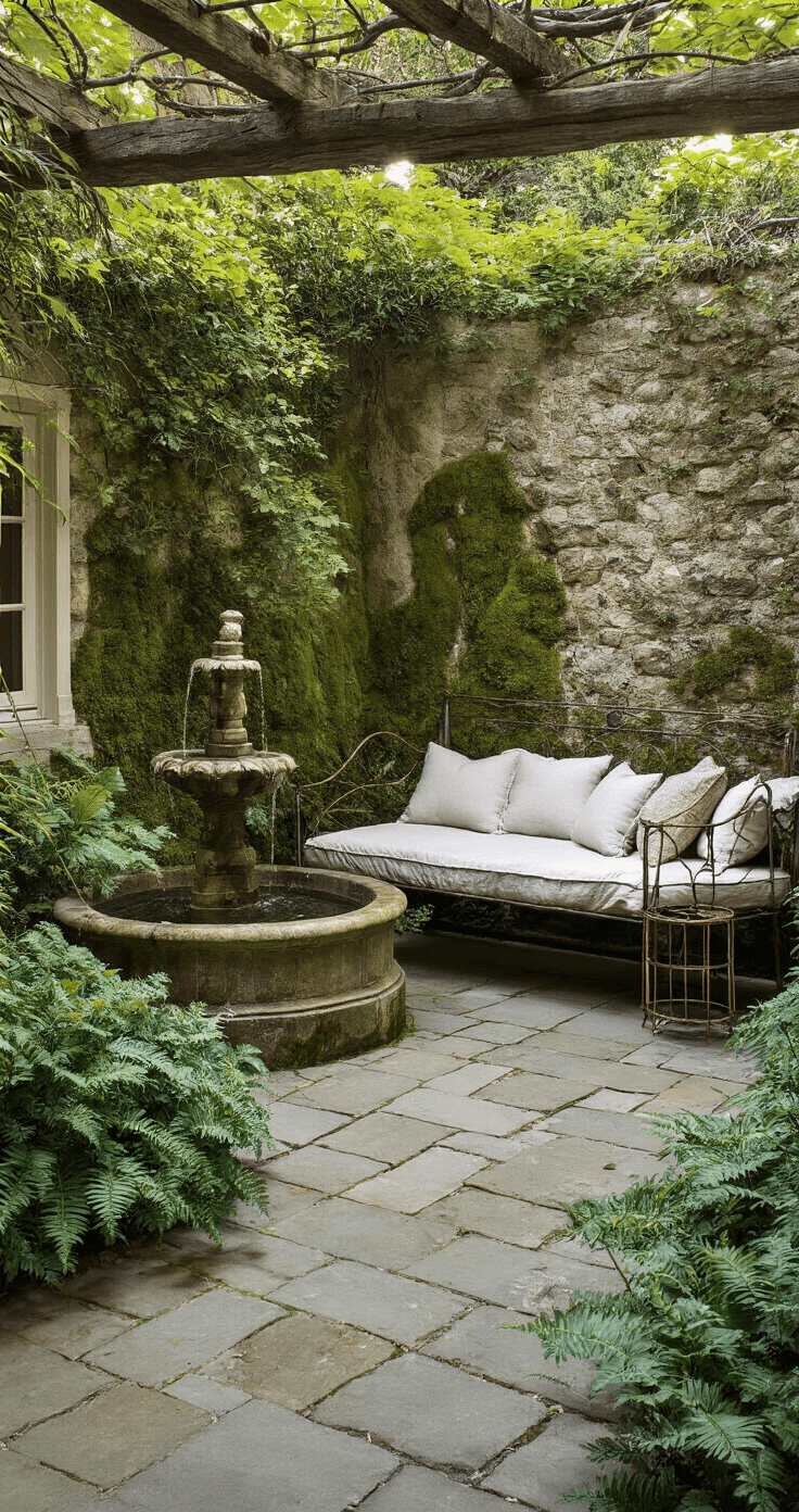 A romantic courtyard nook at dawn, featuring an antique limestone fountain, Belgian bluestone pavers, lush hellebores and ferns, a vintage metal daybed with weathered linens, and copper plant stands, all enveloped in rich greens and deep shadows.