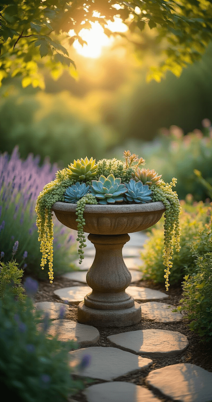 A sunlit garden corner at golden hour featuring a weathered stone bird bath overflowing with succulents, including string of pearls and echeveria, surrounded by dappled light from overhead maple branches. A blurred cottage garden with lavender patches serves as the background, while a natural stone path leads to the focal point.