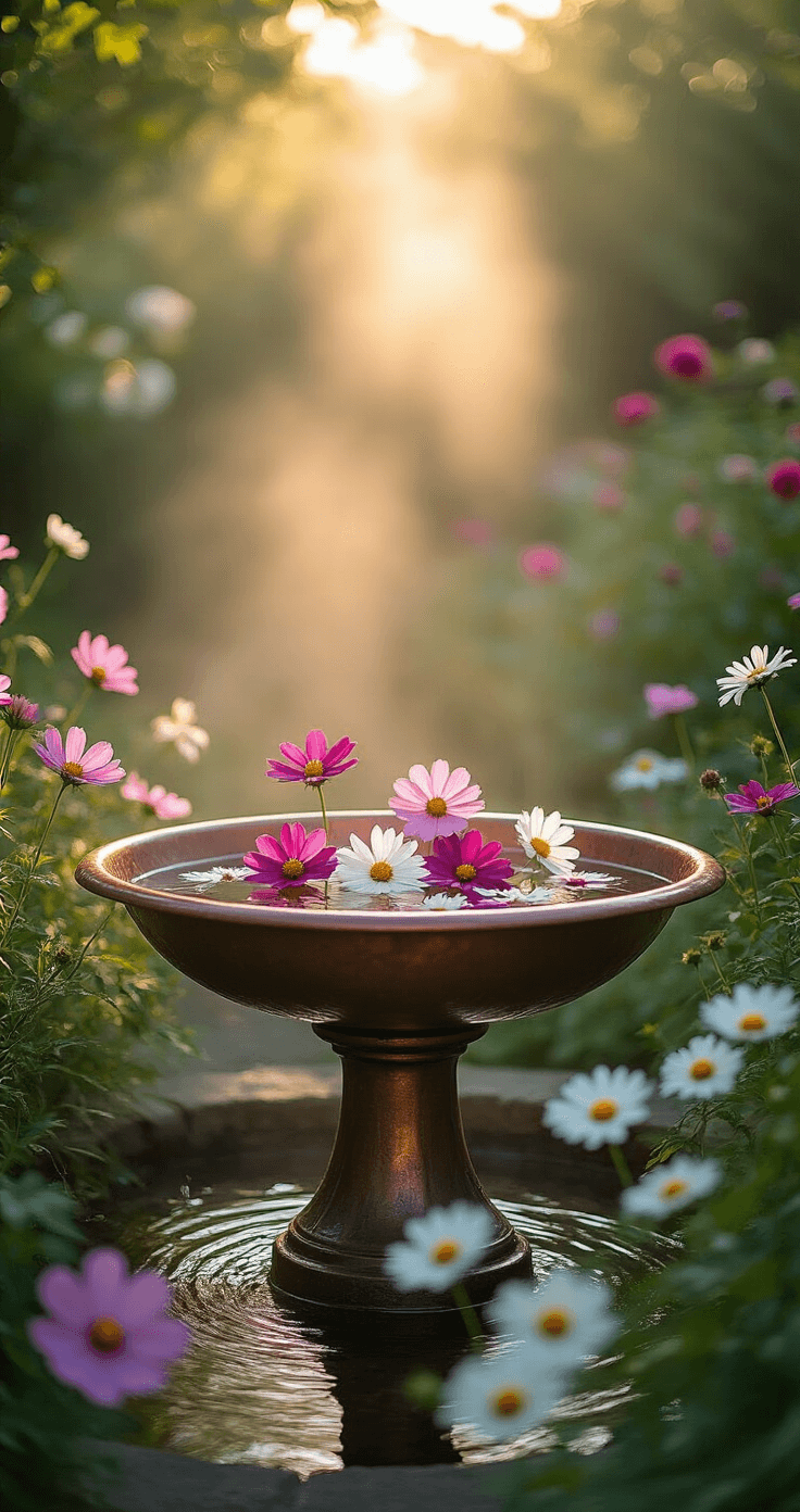 A morning scene featuring a tall elevated copper bird bath surrounded by pink cosmos and white daisies, with floating purple and cream flowers in the patinated bowl, reflecting the garden mist and climbing roses in the blurred background.