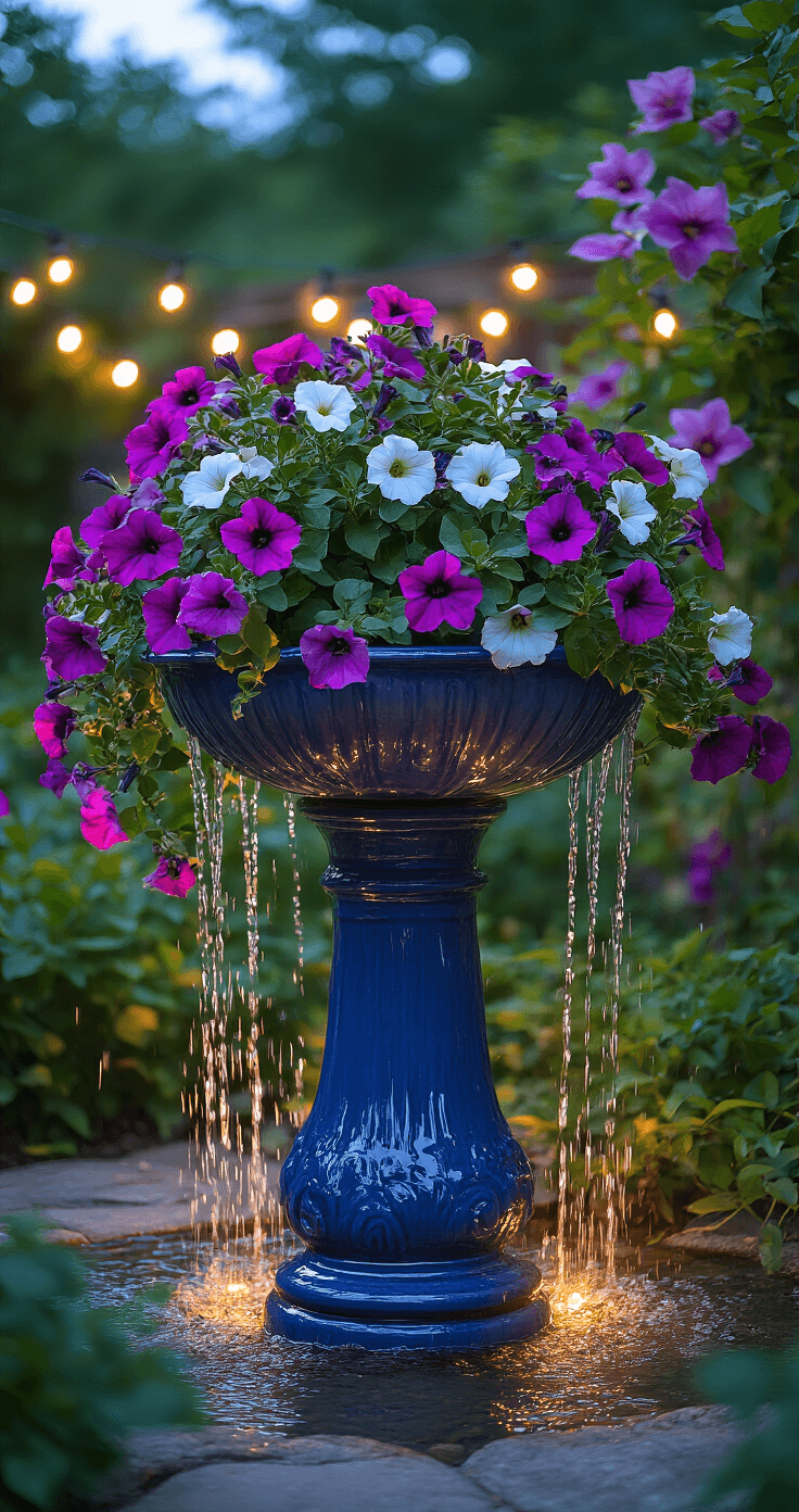 A twilight garden scene featuring a vintage cobalt blue ceramic bird bath overflowing with vibrant trailing petunias and calibrachoa in purple, pink, and white. The bowl creates a beautiful waterfall effect, illuminated softly from below, with string lights and climbing clematis in the background. The ground-level perspective highlights the velvety petals and trailing vines against the glossy ceramic texture.