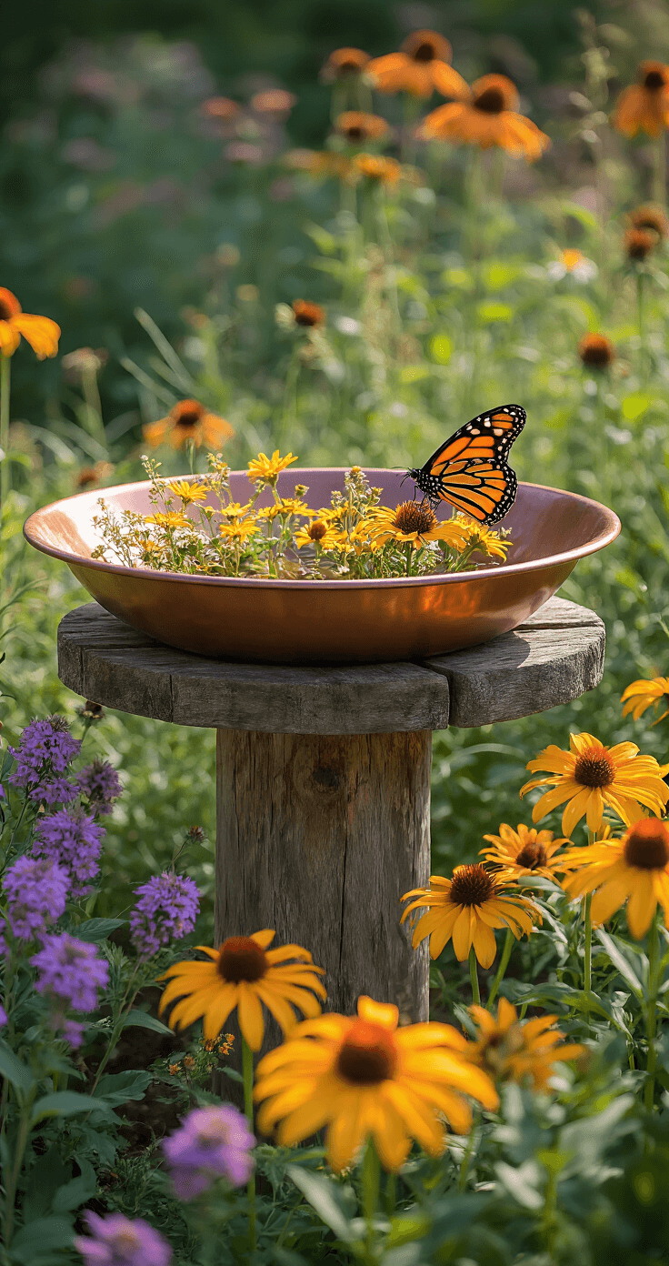 A rustic wooden bird bath made of weathered cedar and a bright copper bowl sits in a sunny garden, surrounded by butterfly-attracting perennials; a Monarch butterfly perches on a black-eyed susan, with coneflowers and Joe Pye weed in the background, all captured from the butterfly's eye level.