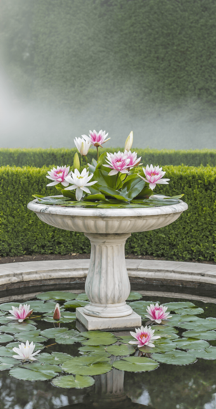 A misty morning scene featuring a tall elegant marble bird bath adorned with floating pink and white water lilies, set against a backdrop of trimmed yew hedges in a formal garden, all reflected in the still water below.