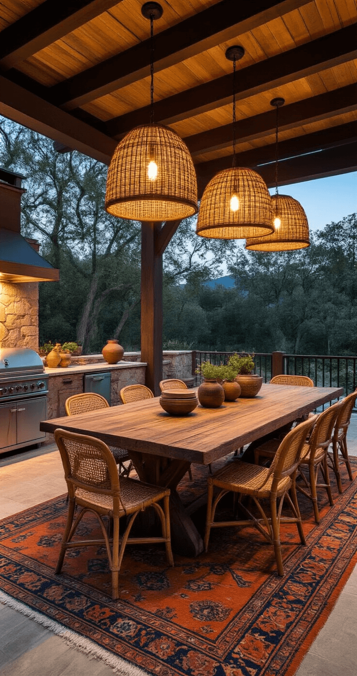 Low-angle interior shot of a dusky outdoor kitchen pavilion featuring a large distressed wooden dining table surrounded by vintage cane chairs and painted metal seats, layered with Turkish rugs in burnt orange and indigo. Dramatic basket pendant lights cast intricate shadows, while stone countertops display earthy ceramics, all captured from ground level with a focus on ceiling details and a moody blend of natural and artificial lighting.