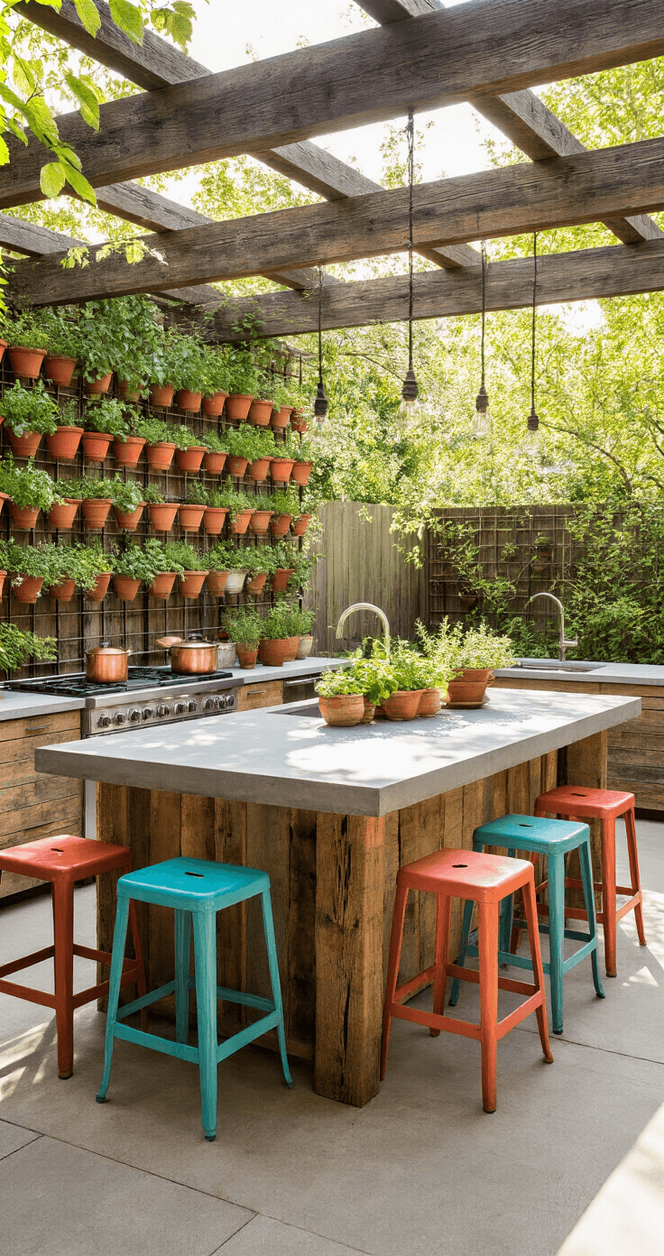A cozy outdoor cooking space with morning light filtering through a pergola, featuring a central reclaimed wood island with a concrete top, surrounded by turquoise and coral industrial stools. A herb garden wall with terracotta pots adds greenery, while handwoven sunset-colored textiles hang from the beams. Copper cookware gleams, captured from a 45° angle to highlight depth and detail.