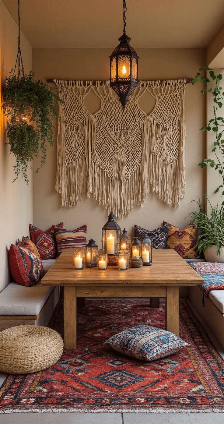Intimate dining nook in outdoor kitchen at twilight, featuring a vintage Moroccan rug under a low wooden table, surrounded by patterned floor cushions. Soft lighting from lanterns and candle-filled mason jars enhances the cozy ambiance, with a macramé wall hanging adding texture.