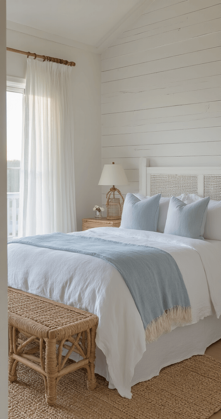 Coastal bedroom at dawn with whitewashed wooden bed, crisp white linens, pale blue throws, rattan bedside tables, glass lamps, and a distressed shiplap accent wall, showcasing serene natural materials and muted tones.