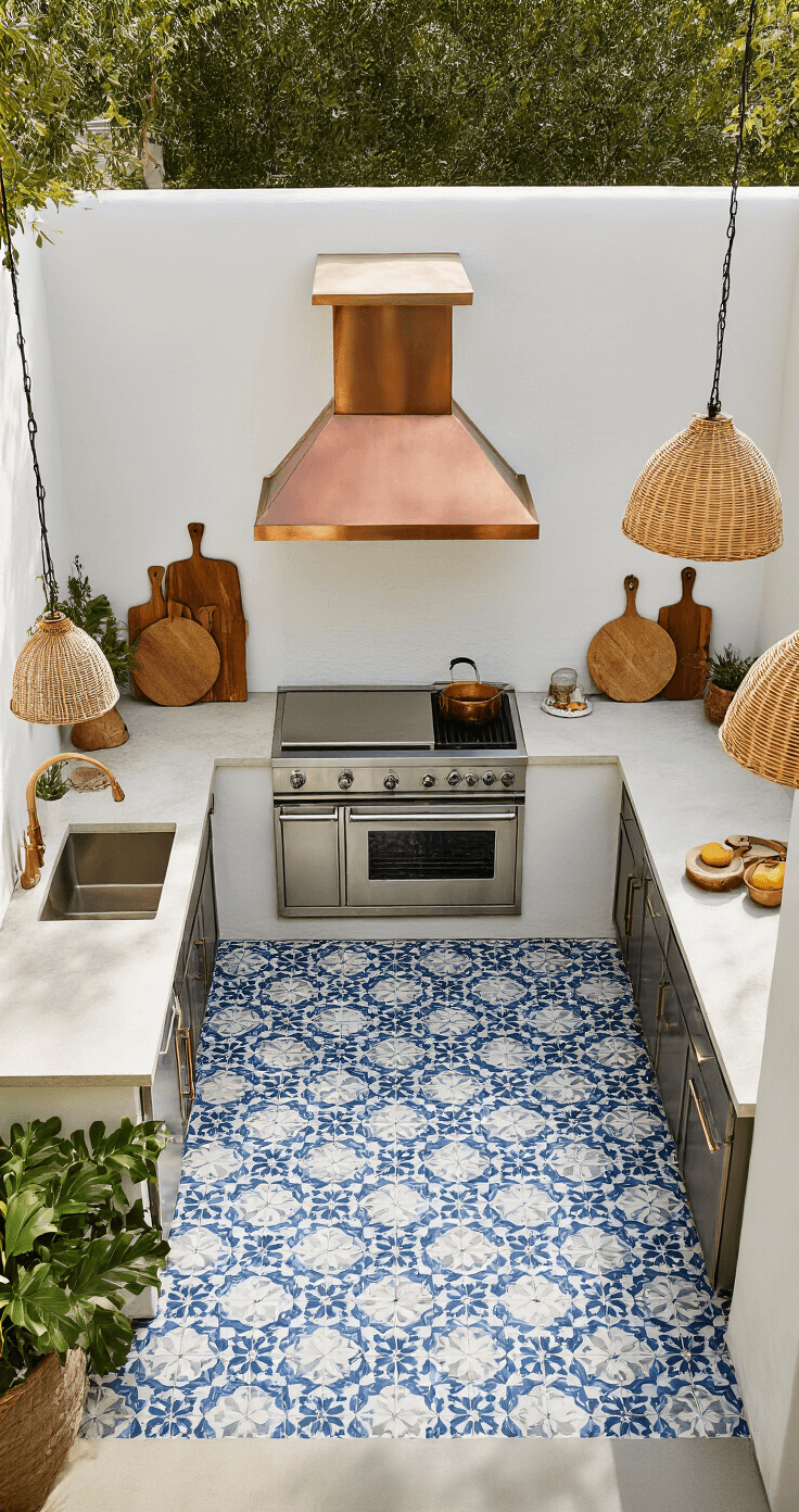 Overhead view of an 18x22ft L-shaped outdoor kitchen featuring patterned blue and white cement tiles leading to a cooking area with a copper hood vent, vintage cutting boards against a white stucco wall, mixed brass and copper fixtures, and woven pendant lights at varying heights, all illuminated by bright natural light.