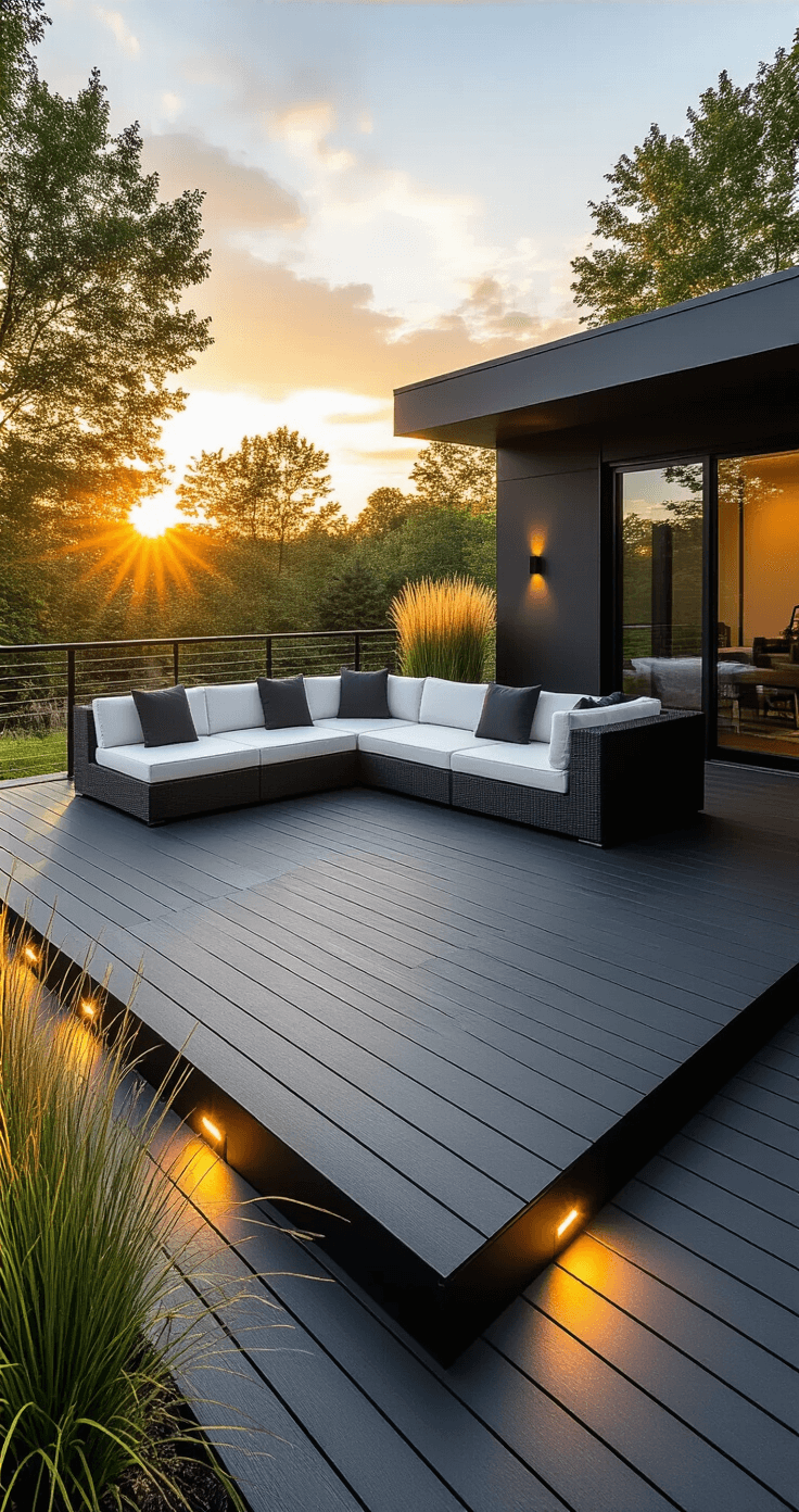 Modern minimalist L-shaped black composite deck at sunset, featuring brushed aluminum railings, a white outdoor sectional with charcoal cushions, LED floor lights, large planters with tall grasses, and glass wind barriers reflecting warm light, captured from a low corner angle with dramatic shadows.