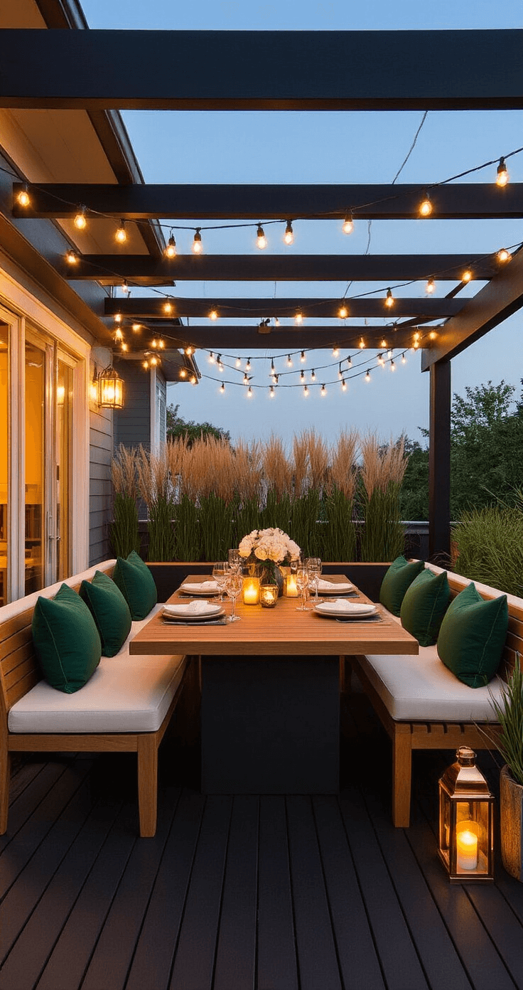 Intimate evening entertainment space featuring a black hardwood deck with warm white string lights above, a mid-century modern teak dining set for eight, matte black bench seating with green throw pillows, and ambient lighting from copper lanterns and frosted glass votives, with native grass landscaping in the background.