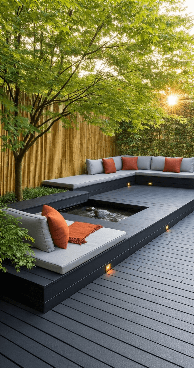 A serene Zen garden sanctuary featuring a 300 sq ft raised black composite deck at dawn, with dappled shadows from a Japanese maple. Built-in wooden benches adorned with light gray cushions and rust-colored throws, accompanied by a gentle stone water feature. A bamboo privacy screen and low-mounted landscape lighting enhance the tranquil atmosphere, captured from ground level to emphasize height.