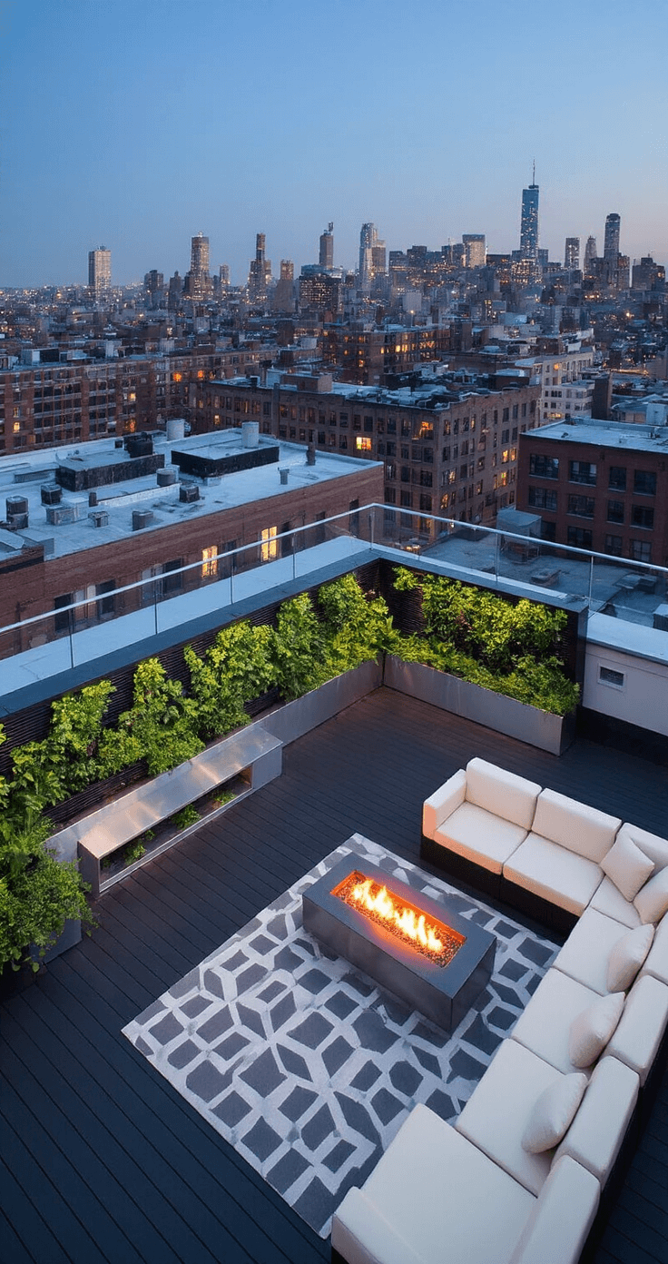 An urban rooftop oasis featuring a 500 sq ft black-stained hardwood deck at dusk, adorned with industrial steel planters and vertical gardens, a modern cream leather sectional around a fire pit, a gray and white geometric outdoor rug, and glass railings offering a view of twinkling city lights in the background.