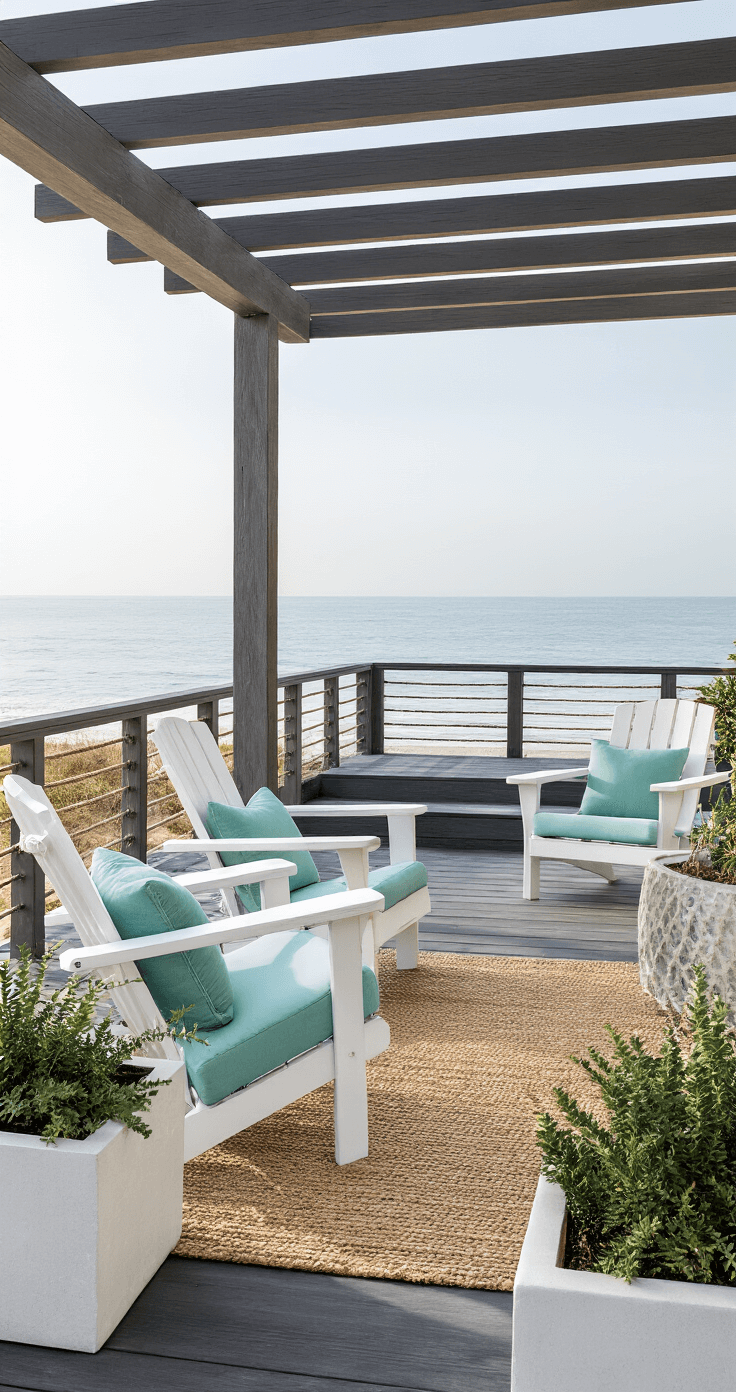 A multi-level black composite deck at morning light with white-washed Adirondack chairs featuring seafoam cushions, nautical rope railings, natural jute rugs, a weathered gray pergola, ocean view in the background, and salt-tolerant plants in white concrete planters, shot from the beach side.