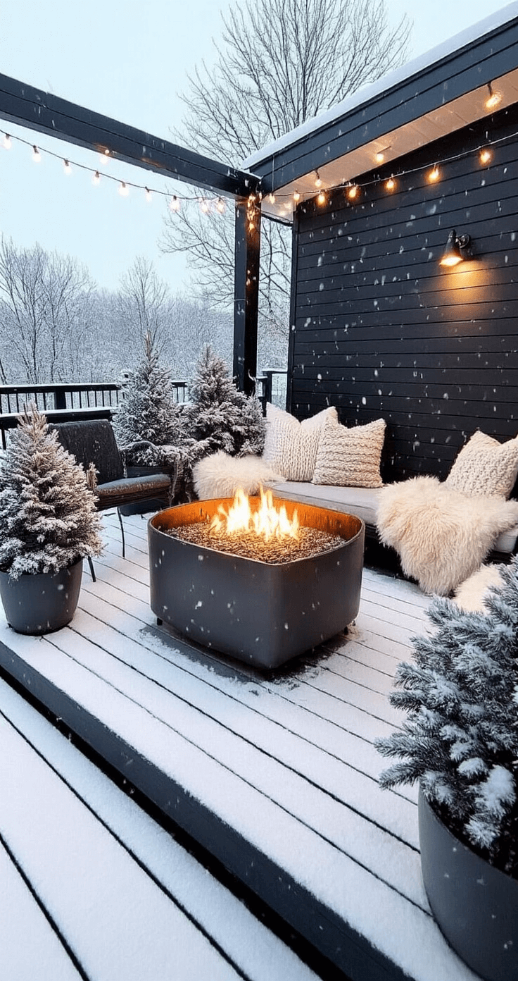 A cozy winter scene featuring a 400 sq ft black-painted wooden deck covered in snow, adorned with minimal furniture, sheepskin throws, and chunky knit pillows in winter white. A modern metal fire table serves as the centerpiece, surrounded by potted evergreens lightly dusted with snow. Warm uplighting enhances the inviting atmosphere, while white string lights outline the structure. The image is captured during blue hour, showcasing a long exposure of gently falling snow.
