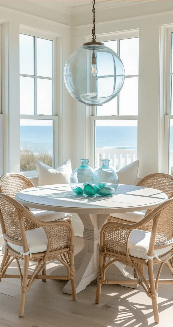 Bright coastal dining nook featuring a round whitewashed oak table with four rattan chairs topped with ivory cushions, accented by an oversized glass pendant light. A centerpiece of collected sea glass in blue-green hues is displayed in clear vessels, captured from a slightly elevated angle to highlight the fresh, casual elegance of the space.