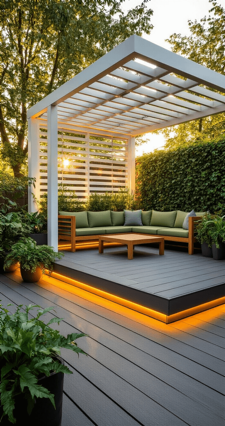 A sunlit corner deck at golden hour featuring a modern charcoal composite platform with a sleek white aluminum pergola, mid-century modern teak furniture with sage green cushions, and layered potted plants.