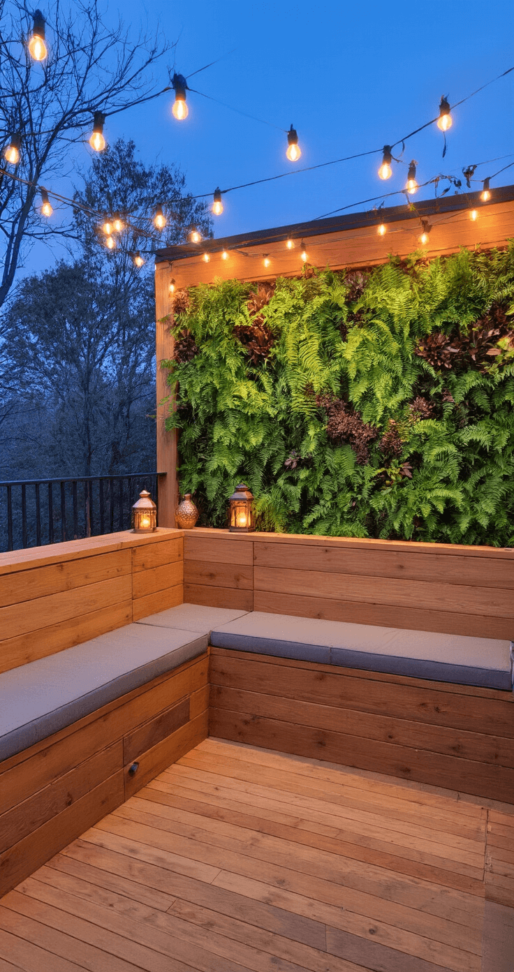Intimate corner deck retreat at blue hour with cedar decking, built-in bench seating, vertical garden wall, string lights, Moroccan lanterns, and ambient lighting.