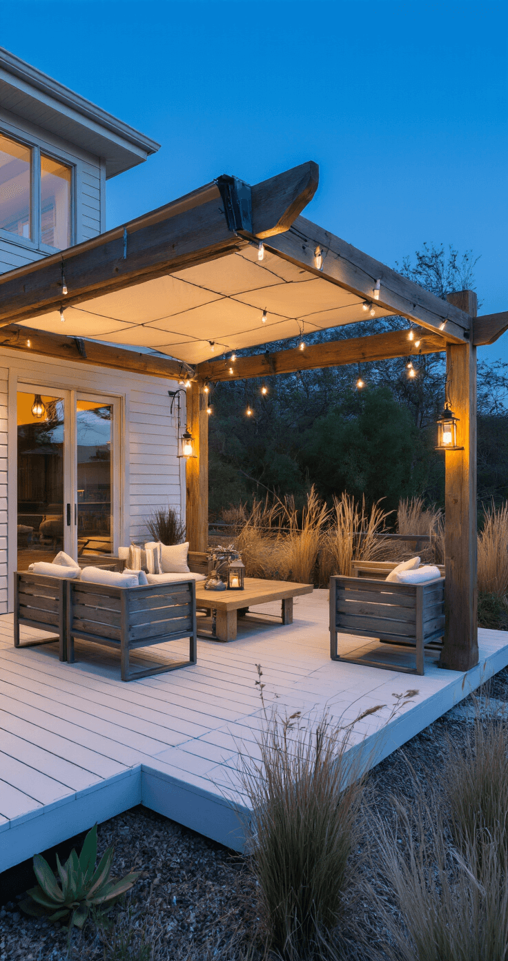 Rustic-modern corner deck with pressure-treated pine decking, dramatic timber-frame pergola, mixed-material furniture, oversized lanterns, and desert-inspired landscaping, photographed at dusk.