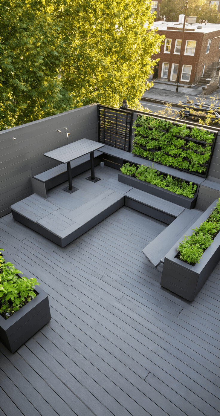 A compact 6x6 urban deck features slate grey composite decking, a fold-down bar table, modular seating, a vertical herb garden, and industrial-style metal privacy screens with planters, all illuminated by battery-operated LED accent lighting in soft afternoon light.