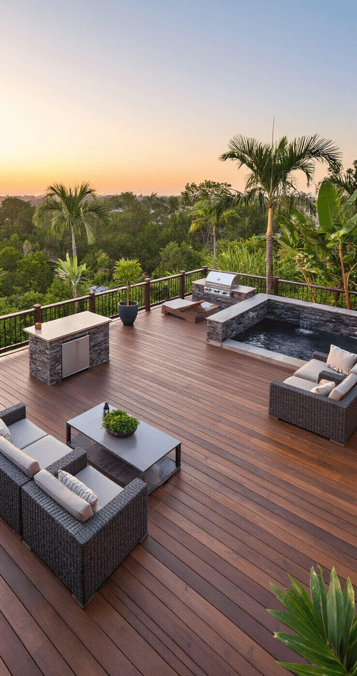 Aerial view of a luxurious 20x20 corner deck at sunset, featuring multi-level tropical hardwood decking, a custom outdoor kitchen with stone countertops, a built-in grill, a tranquil water feature, and mature potted palms with premium weather-resistant furniture.