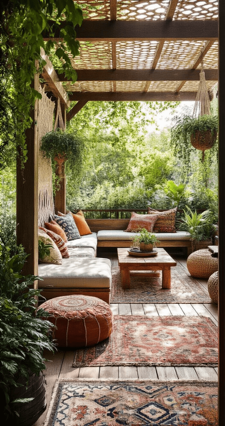 Bohemian-inspired corner deck with mixed-material decking, macramé-adorned pergola, floor cushions, low tables, trailing plants, Moroccan poufs, and vintage rugs, basking in morning sunlight.