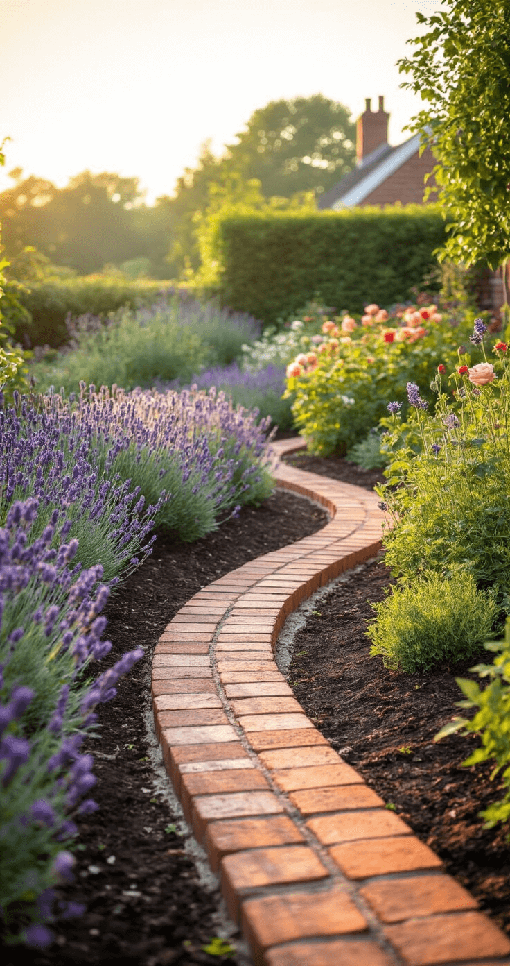 A wide-angle view of a 20ft curved brick garden border framing a vibrant cottage garden during golden hour, with weathered red bricks casting long shadows over well-mulched flower beds filled with lavender, catmint, and roses. A low camera angle emphasizes the border's clean lines against softly blurred flowering perennials in the background.