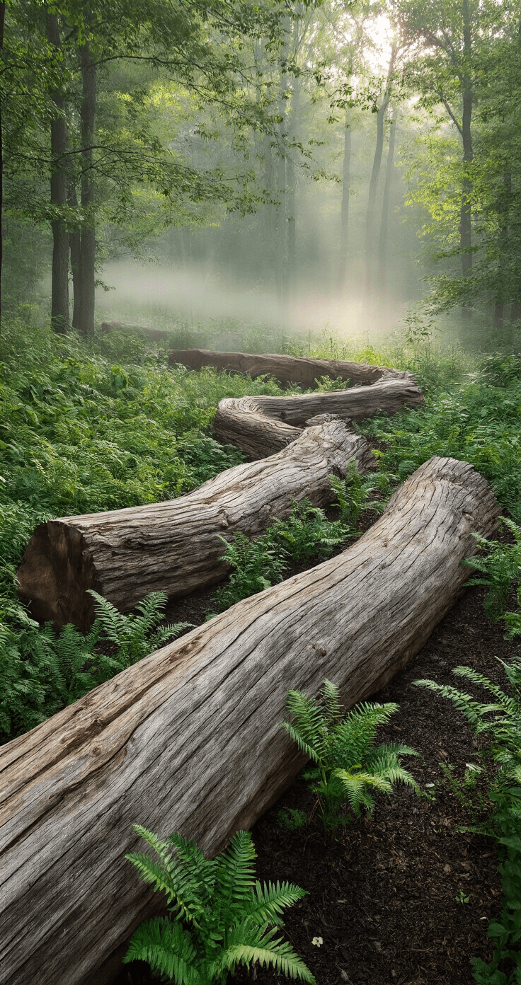 An early morning woodland scene featuring a curved edge made of massive, weathered oak logs, surrounded by mist and dappled sunlight filtering through the tree canopy; native ferns and woodland flowers grow at the base of the logs.