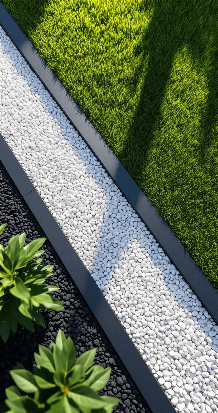 Overhead view of a minimalist garden with matte black aluminum edging forming geometric patterns, 90-degree angles between gravel and lawn, strong shadows from the late morning sun, contrasting crushed white marble gravel and emerald grass.
