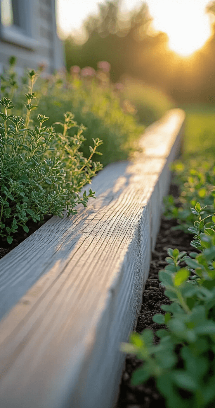 Closeup of weathered cedar plank garden edging, highlighted by warm sunlight, surrounding a lush herb garden with thyme and oregano spilling over.