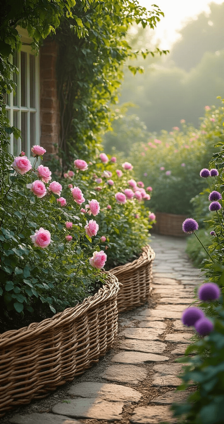Intimate portrait of intricately woven willow wattle edging in an English cottage garden, featuring 3ft high panels in a graceful curve, contrasting with blooming pink roses and purple alliums, illuminated by soft early morning light and slight fog, capturing both the border detail and garden context.