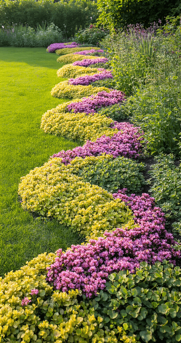 A wide shot of a 25ft living border made of cascading sedum and creeping thyme, featuring blooming plants in pink, yellow, and green, with mid-morning lighting highlighting their textures. The camera angle is slightly elevated, showcasing the organic wave-like flow between a lawn and perennial beds in a vibrant atmosphere.