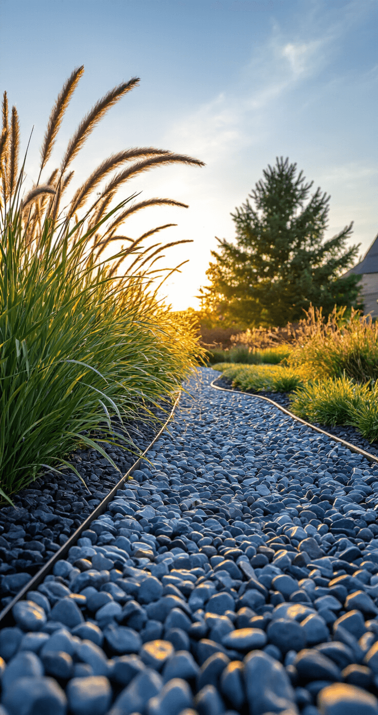 Detail shot of a gravel border at golden hour, featuring a clean-lined channel of charcoal river rock that separates a lawn from a garden bed, with raking patterns in the gravel highlighted by evening light and ornamental grasses casting shadows, all captured from a 45-degree angle to emphasize textures.