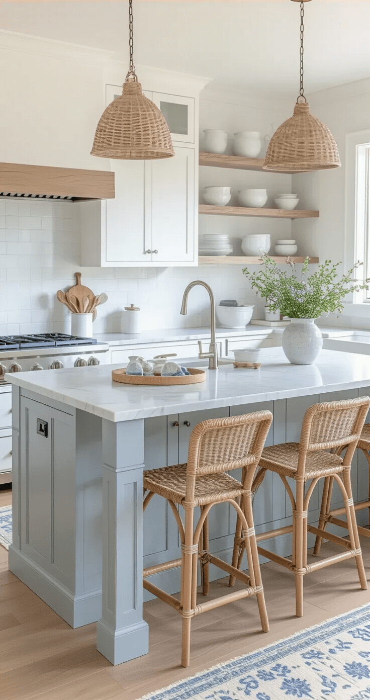 A bright coastal kitchen featuring white shaker cabinets, a pale gray-blue island with honed marble, open shelving with white ceramics and sea glass, rattan counter stools, and a vintage runner in faded blues, all illuminated by mid-morning light.