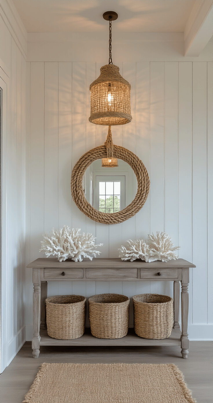 A coastal entryway at dusk featuring whitewashed board and batten walls, a rope-wrapped lantern pendant, a driftwood gray console table displaying white coral specimens beneath a capiz shell mirror, and a natural fiber runner leading to seagrass basket storage, all captured from the front door angle with soft, layered lighting and a shallow depth of field.