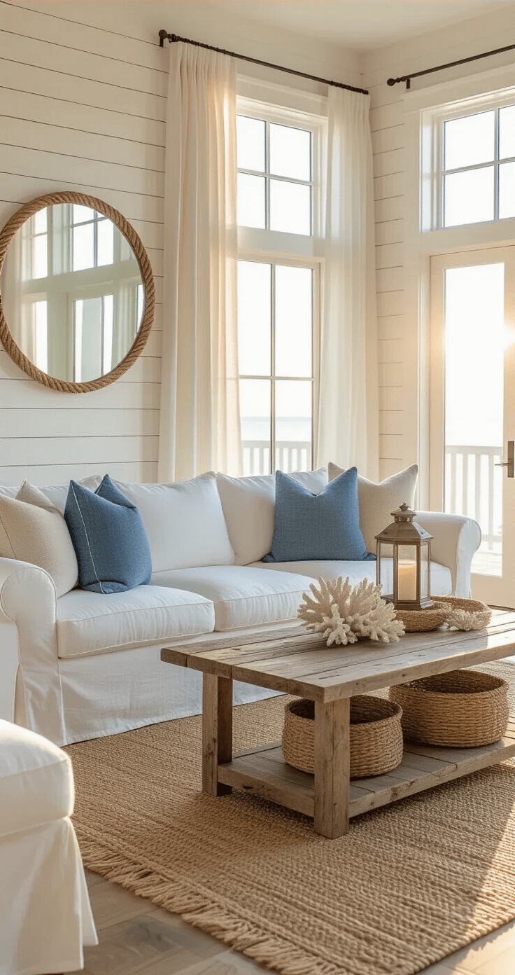 Bright, airy living room featuring a slipcovered white sofa with coastal pillows, a driftwood coffee table, sunlight streaming through sheer linen curtains, and a whitewashed shiplap accent wall with an oversized mirror, all creating a serene beachy elegance.