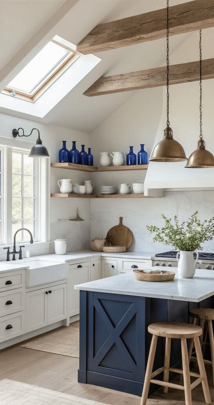 A bright kitchen with a cathedral ceiling and skylight, featuring white Shaker cabinets, a farmhouse sink, bleached oak floating shelves with vintage decor, marble countertops, industrial brass pendant lights, and a navy island with X-details.