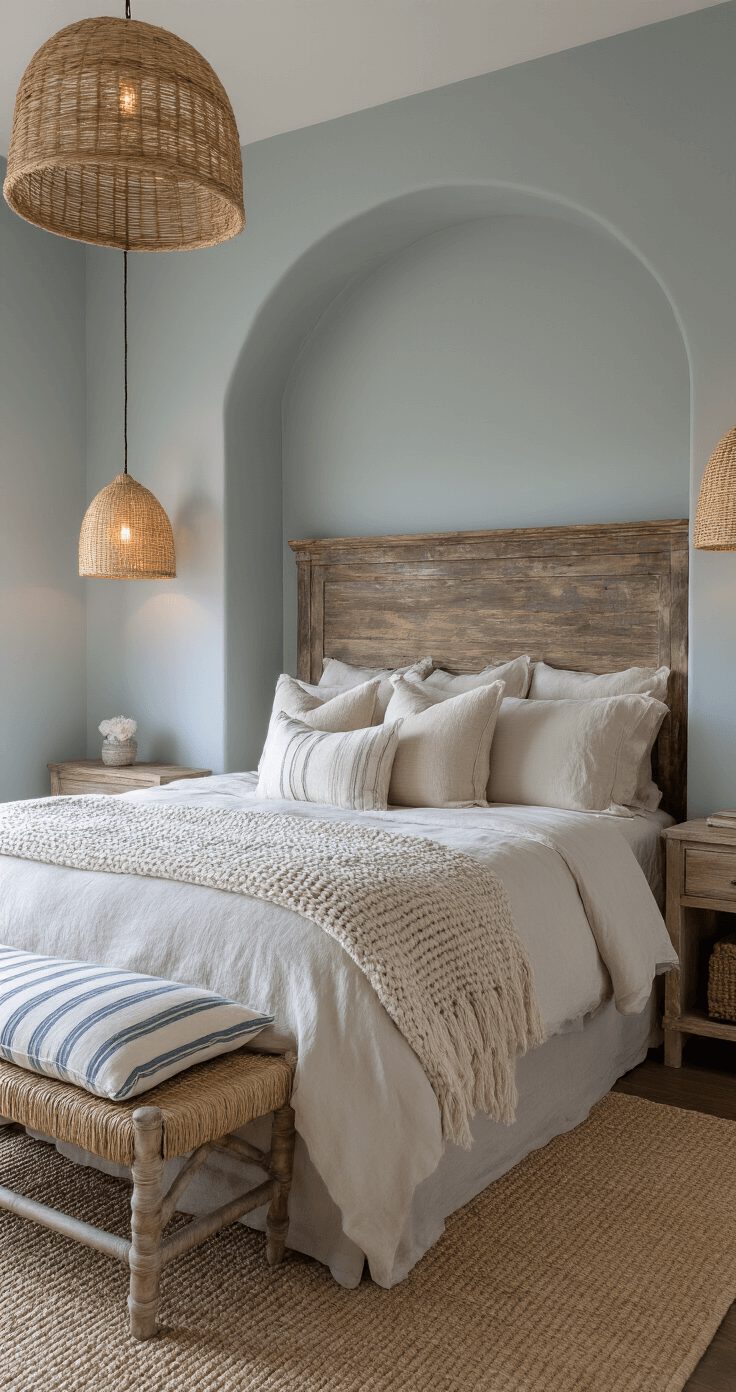 Master bedroom at dusk featuring a king bed with rumpled ivory linen bedding, layered throws, and vintage pillows, set against a pale blue-grey wall with a distressed wood headboard. Warm glow from seagrass pendant lights flanks the bed, and a woven seagrass bench with striped cushions sits at the footboard, creating a moody evening atmosphere.