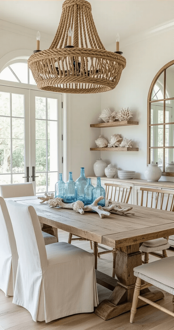 Sun-drenched dining space with an 8ft reclaimed wood table, oversized rope chandelier, slipcovered host chairs, vintage Windsor chairs, and décor featuring blue glass bottles, driftwood centerpiece, and white ceramic vessels, complemented by floating shelves with shells and coral, and a large arched mirror reflecting light from French doors, captured in a wide-angle shot emphasizing indoor-outdoor flow.
