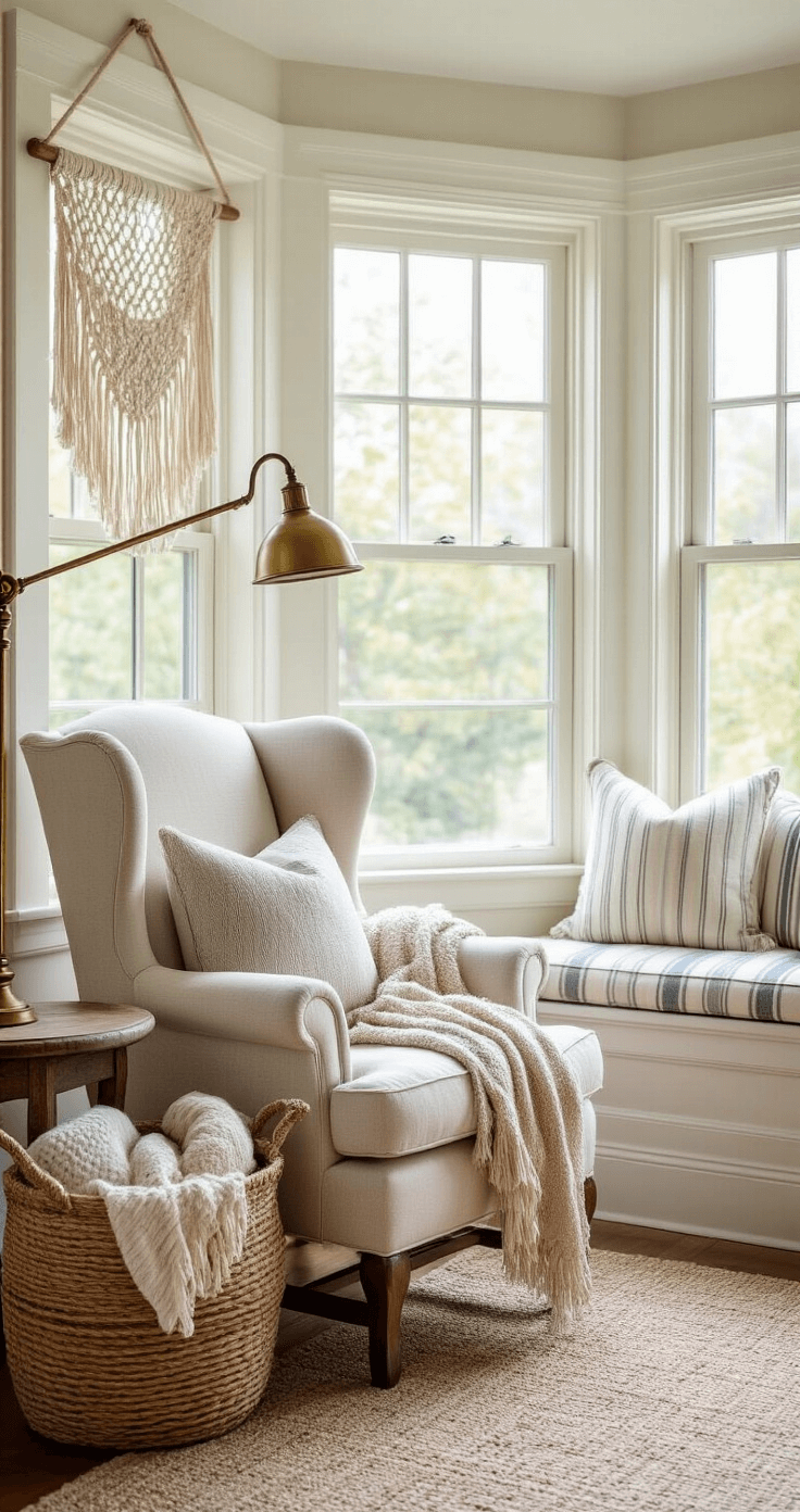 Cozy reading nook featuring an upholstered wingback chair, weathered side table, and vintage brass floor lamp in an 8x10ft bay window. A handwoven basket with textured throws sits beside a cushioned window seat in coastal stripes, with a macramé wall hanging above a distressed console. Morning light filters softly through the windows.