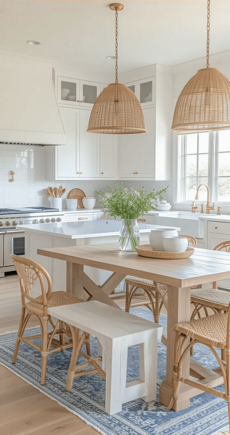 Modern Coastal Decor: Your Ultimate Guide to Creating a Breezy, Chic Living Space Open concept kitchen-dining area featuring white shaker cabinets, a large bleached oak island with white quartz top, rattan pendant lights, and a whitewashed trestle table surrounded by seagrass and linen chairs, styled with white ceramics and coastal grasses, captured in bright midday light.