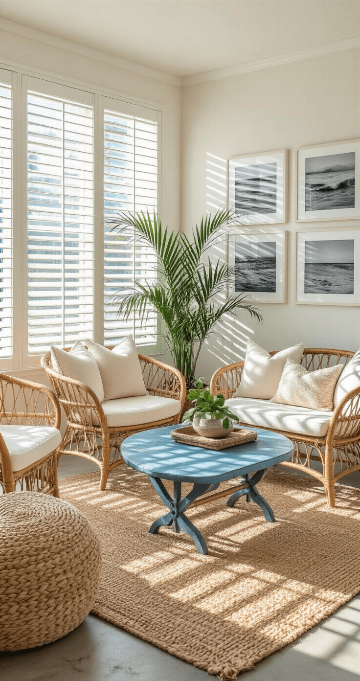 Modern Coastal Decor: Your Ultimate Guide to Creating a Breezy, Chic Living Space Bright sunroom with three walls of windows casting linear shadows from white wooden blinds, featuring curved rattan chairs with cream cushions, a vintage blue-wash coffee table, and a handwoven jute pouf. Potted palms and a gallery wall of black and white ocean photographs in white frames enhance the casual yet refined mood, all on a natural sisal rug over painted concrete floors.