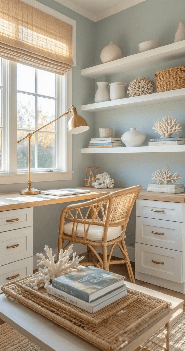 Modern Coastal Decor: Your Ultimate Guide to Creating a Breezy, Chic Living Space A cozy home office nook featuring built-in white shelving and a light oak floating desk against a pale blue-gray wall. A rattan desk chair with a cream cushion sits beneath a brass task lamp, illuminating white ceramics, vintage coral specimens, and coastal coffee table books on the desk. A natural fiber roman shade filters warm afternoon light, enhancing the focused yet relaxed ambiance of the space.