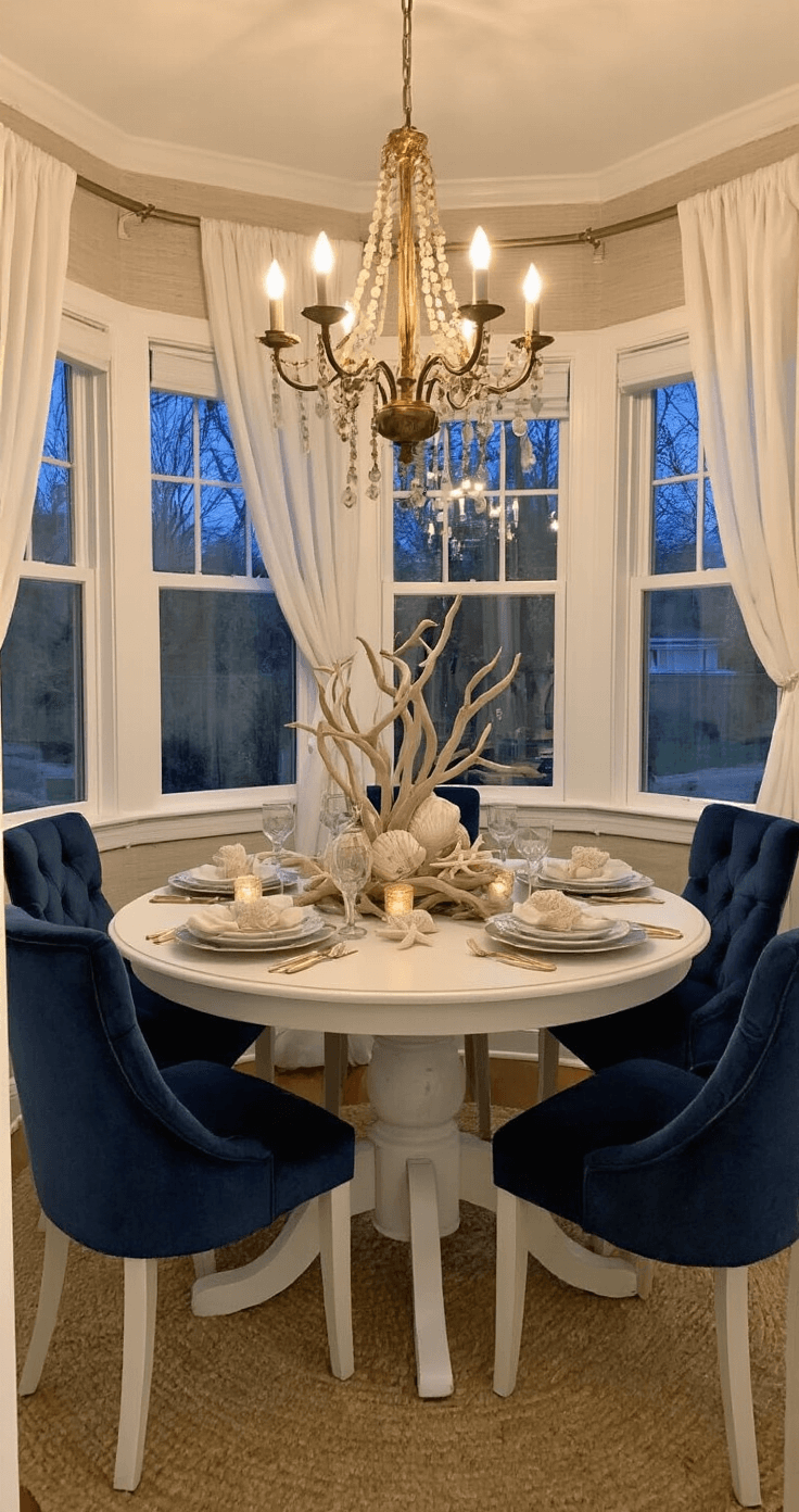 A cozy dining nook featuring a round whitewashed table set for a coastal Christmas, surrounded by navy velvet chairs, with a brass chandelier above and sheer linen curtains framing bay windows, all illuminated by warm lighting against textured grasscloth wallpaper.