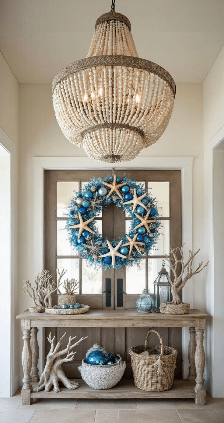 A bright entryway featuring a double-height ceiling and an oversized capiz shell chandelier. A statement coastal wreath adorns a weathered door, while a console table displays driftwood trees, mercury glass lanterns, and a woven basket of coastal ornaments, all bathed in cool natural light.