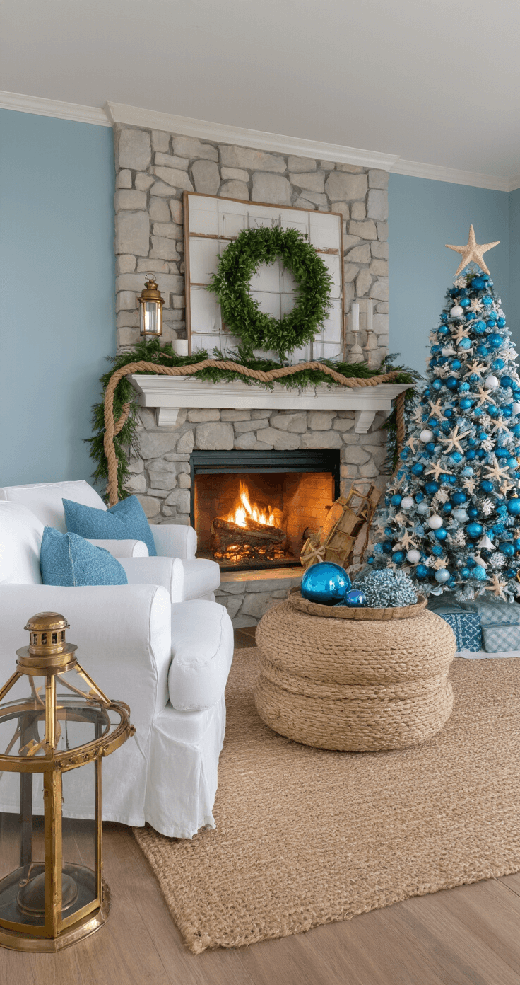 Cozy family room at twilight with a stone fireplace decorated with rope-wrapped garland and brass lanterns, featuring white slip-covered armchairs around a jute ottoman. A coastal Christmas tree with ombré blue ornaments and a starfish topper stands in the corner, illuminated by warm firelight against 'Ocean Air' colored walls, with a vintage brass telescope nearby.