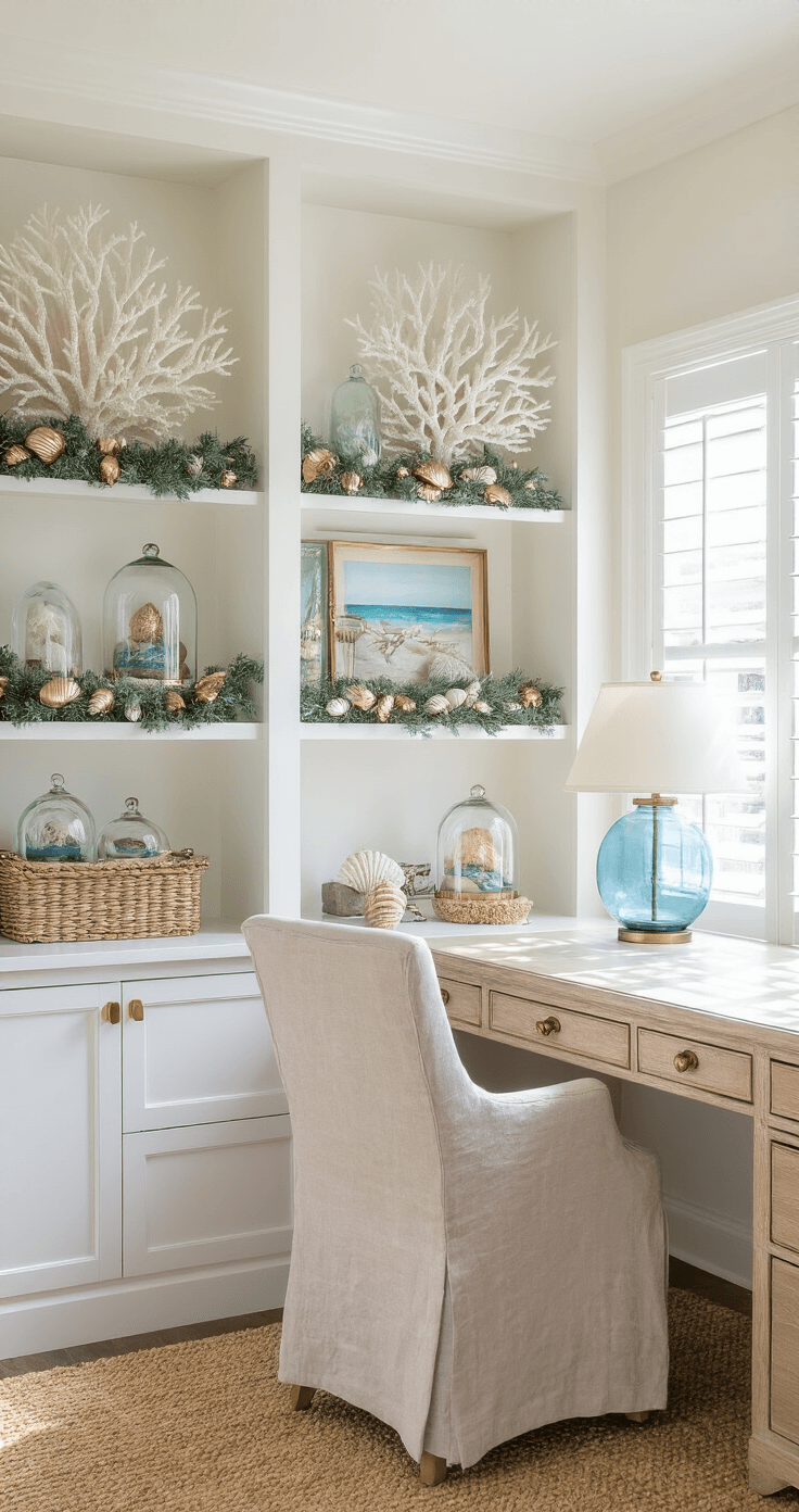 A bright and sophisticated home office with built-in shelves featuring coastal Christmas decorations, including white coral, metallic shell garlands, and glass cloches with beach scenes, illuminated by afternoon light. A bleached wood desk hosts a blue glass lamp and a linen-upholstered chair, with a sisal carpet adding texture.