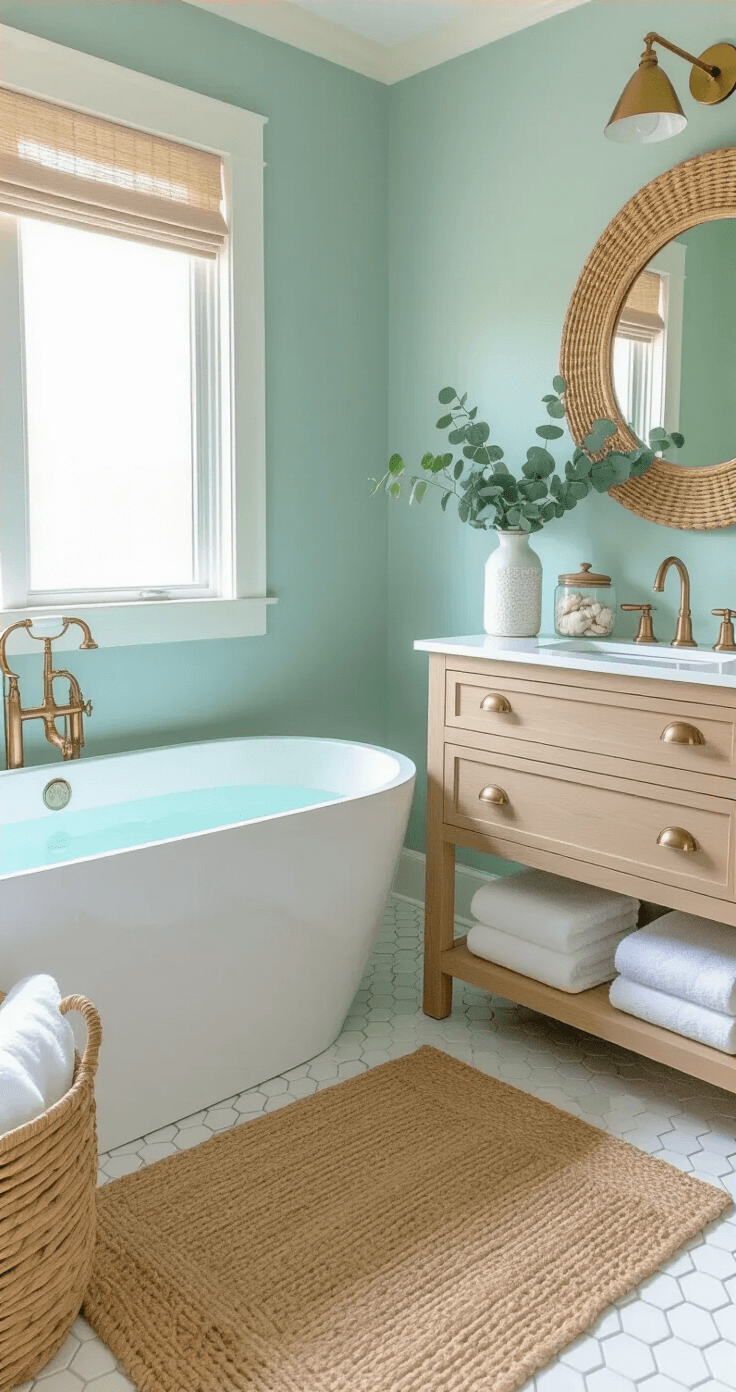 A coastal master bathroom with a freestanding white oval tub against seafoam green walls, illuminated by morning light streaming through a frosted window. Features a light oak vanity with brass hardware, a round rattan-framed mirror, a natural jute rug over white hexagon tiles, glass canisters filled with shells, fluffy towels, and eucalyptus stems in a ceramic vase, creating a spa-like atmosphere.