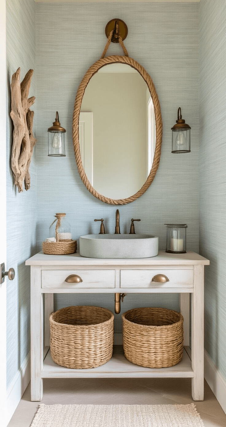 A cozy powder room featuring textured pale blue grasscloth wallpaper, a weathered white wooden vanity with a concrete vessel sink, and a vintage brass faucet, illuminated by warm afternoon light. An oval mirror with rope detailing hangs above the sink, surrounded by woven seagrass baskets, glass hurricane lanterns, and a driftwood wall sculpture, showcasing a coastal aesthetic.